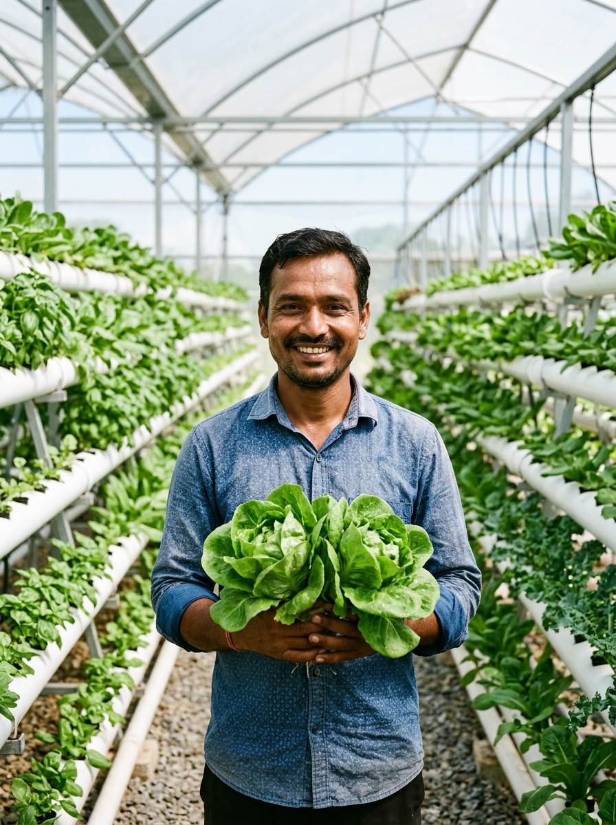 Farmer in a greenhouse handling lettuce