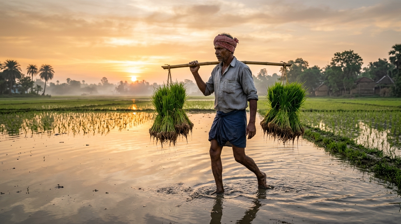 Farmer carrying rice seedlings