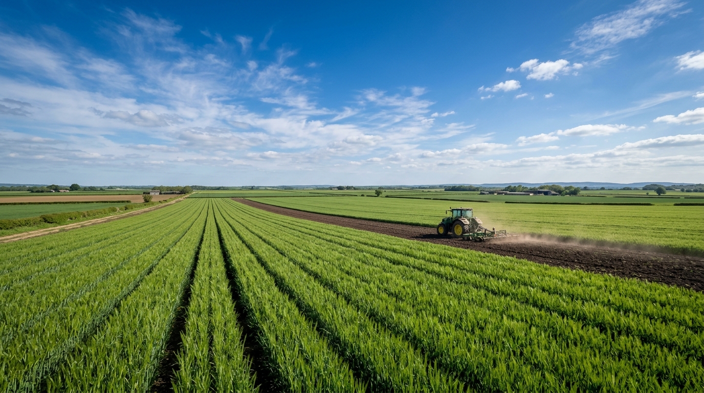 Tractor working a green field, distant view